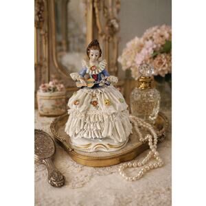 Vintage German Porcelain Lace Lady Figurine Mandolin Dresden Style 7”